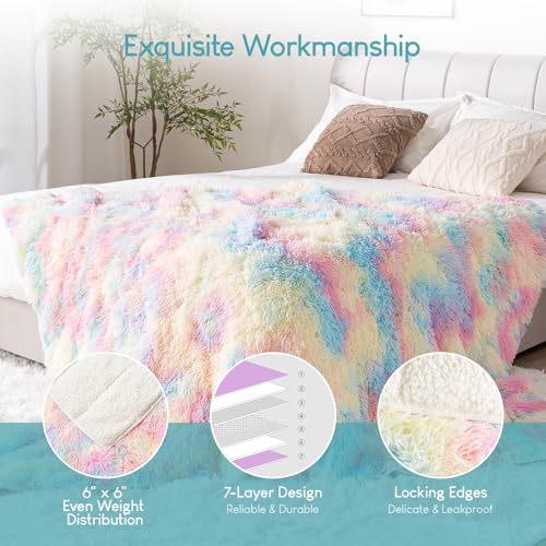Image of Cottonblue Weighted Blanket 15lbs Queen Size, Soft Faux Fur Sherpa Blanket, Reversible Fluffy Fleece Reverse Blankets, Warm and Cozy Rainbow Throw Decorative for Bedroom Sofa Floor, 60 inchx80 inch