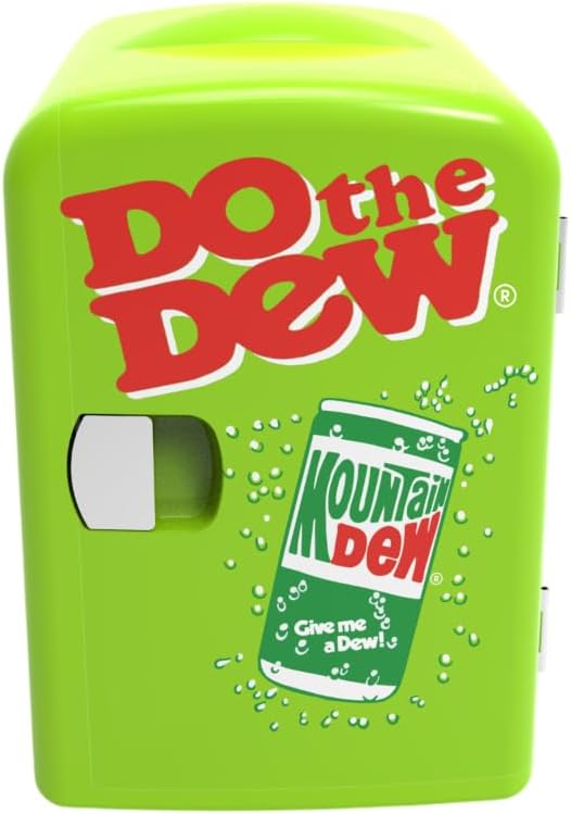 CURTIS MIS151MD Mountain Dew Retro, Mini Portable Compact Personal Fridge Cooler, 4 Liter Capacity Chills Six 12 oz Cans, 100% Freon-Free & Eco Friendly, 6, White/Green
