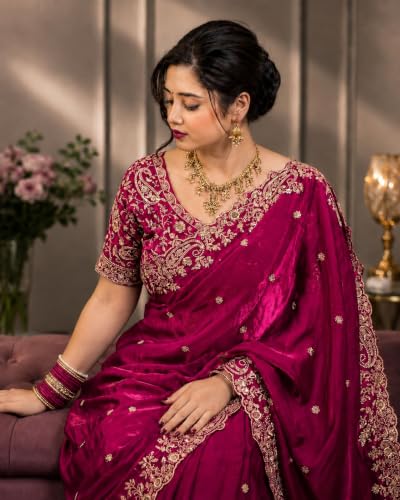 Image of DESTY Saree with Intricate Gold Embroidered Border & Designer Blouse