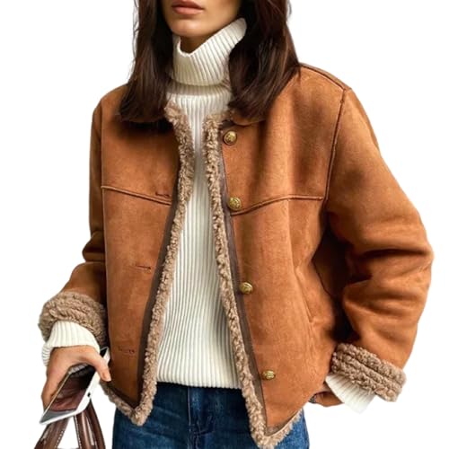 Nbzsmlkn Lammfelljacke Mit Knöpfen, Warme Wintermäntel Für Damen, Gefütterte Jacken Aus Sherpa-Fleece, Lässige, Langärmlige Oberbekleidung Aus Wildlederimitat Mit...