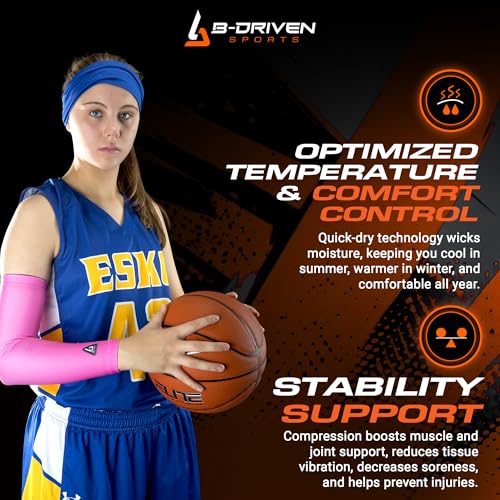 B-Driven Sports Pro-Fit Compression Arm Sleeve for Men, Women & Youth - Ideal for Basketball, Baseball, Football, Volleyball, Weightlifting, Running, Golf, UV Sun Protection - Single