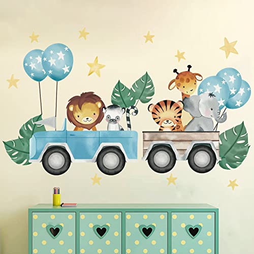 Tanlaby Dschungel Tier Auto Wandtattoo Ballon Sterne Palmenblatt Wandsticker Safari Giraffe Elefant Wandaufkleber für Kinder Babyzimmer Wohnzimmer Schlafzimmer Kinderzimmer Hause Wanddekoration Cover