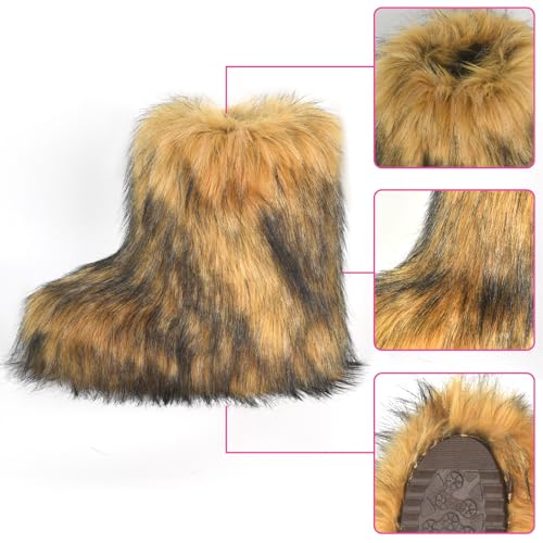 Image of Fashion Fur Boots,Flat Heel Comfy Plush Warm Snow Booties,2025 Winter Outdoors Furry Boots,Mid-Calf Faux fur Boot for Women.