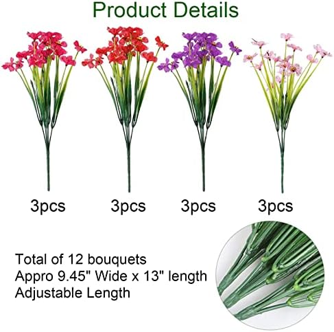12 Bundles Artificial Flowers Outdoor 4 Colors UV Resistant Fake Flowers No Fade Faux Plastic Plant Silk Flowers for Indoor Outside Hanging Planter Home Garden Porch Patio Window Box Wedding Decor