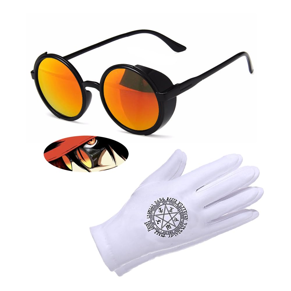 Alucard's Cosplay Glasses + Gloves,Anime Vintage Punk Sunglasses Runes White Gloves Cosplay Accessories