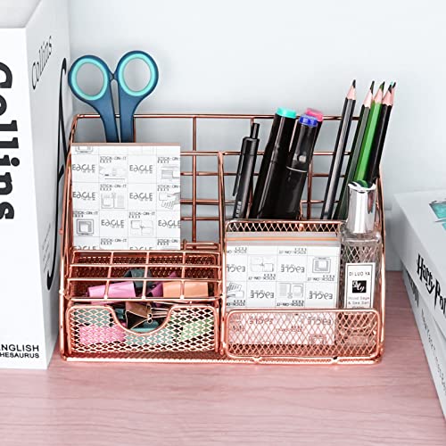 Famassi Rose Gold Desk Organizers And Accessories Office Supplies Set Metal Mesh Organizer With Stapler, Scissors, Pen, Ruler, 30 Paper Clips, 22 Binder Clip, 20 Tacks And 1000Pcs Staples #TOP2