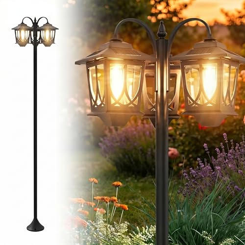 PEATOP 73” Solar Lamp Post Light Outdoor, 3-Head Aluminum Solar Post Light for Yard, Garden, Lawn, Pathway, 90Lm Dusk to Dawn Waterproof Solar Floor Lamp with Replaceable Bulbs, Warm White
