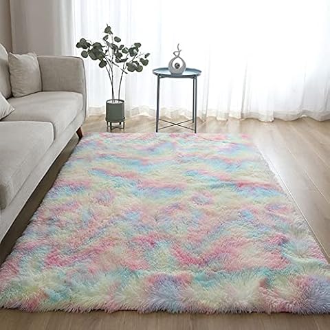KRIPINC Rainbow Fluffy Rug, Rectangle Colorful Shaggy Rug, Cute Anti-Skid Rainbow Mat for Bedroom, Bedside, Living Room, Playroom(120X160cm) Cover