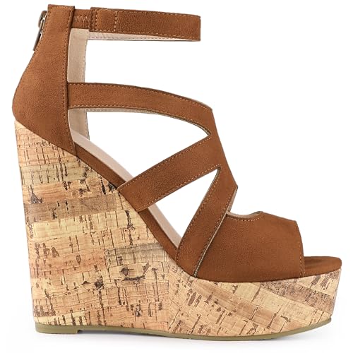 Allegra K Women's Platform Peep Toe Cutout Caged Cork Brown Wedge Heel Sandals 7.5 M US