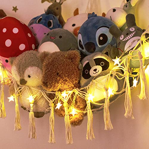 Image of Stuffed Animal Toy Storage Hammock with LED Light-Macrame Jumbo Doll Room Corner Organizer Mesh Decoration-Hanging Storage Nets Kids Bedroom, (X-Large Size) (Pack of 2)