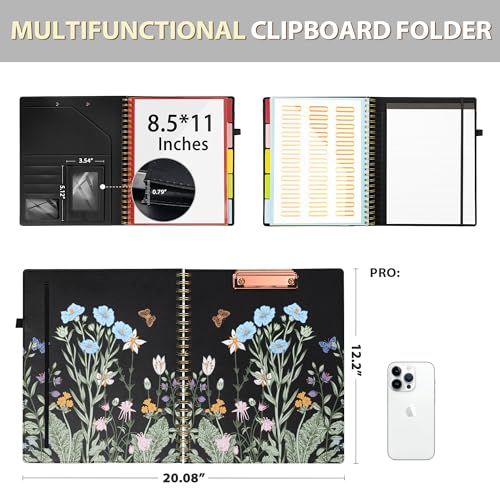Image of Ospelelf Clipboard with Storage for Women, Leather Padfolio Portfolio Organizer 5 Folders with 10 Pockets, Spiral Clipboard Folio with Notepad for Letter Size, Elastic Closure and Pen Loop Floral