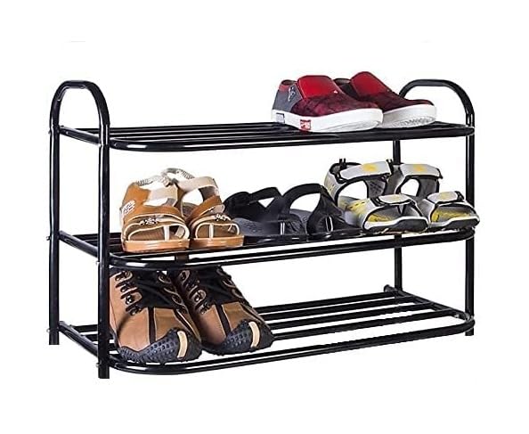 Image of 3 Tier Metal Shoe Rack Organizer Heavy Duty Stackable Shoe Storage Shelf Multipurpose Stand for Entryway Bedroom Closet Utility Space Saving Shoe Stand with Black Finish (Shoe Rack 3-03)