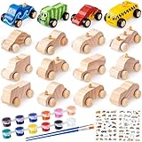 Leyndo 12 Pcs Wooden Cars to Paint for Kids, Unfinished Wooden Craft DIY Painting Toys for Kids Students with 12 Paint Colors & 12 Car Sticker Sheets for Classroom Art Activities Woodworking Project