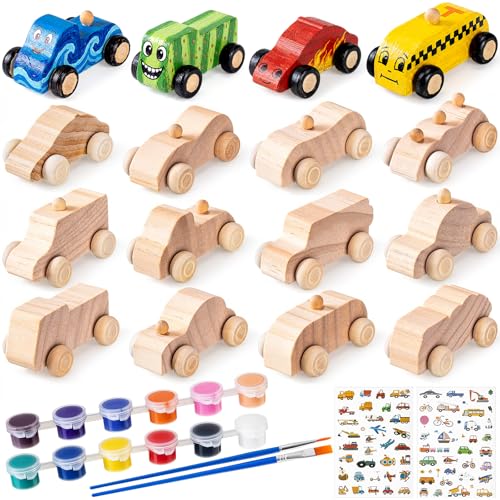 Leyndo 12 Pcs Wooden Cars to Paint for Kids, Unfinished