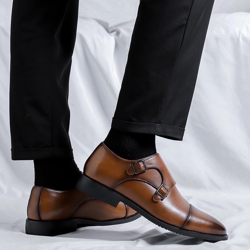 Double Monk Formal Shoes Dress Oxford For Mens Working Comfort Orthopedic Tuxedo Luxury Leather Slip-on Party Anti-slip Slip Resistant Rubber Sole Shoe Round Toe(Brown,8.5)3