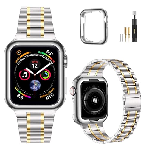 Image of MioHHR Solid Stainless Steel Band Compatible with Apple Watch 45mm, Metal Strap with Soft TPU Case for iWatch Series 9 8 7 45mm Women and Men, Silver /Gold