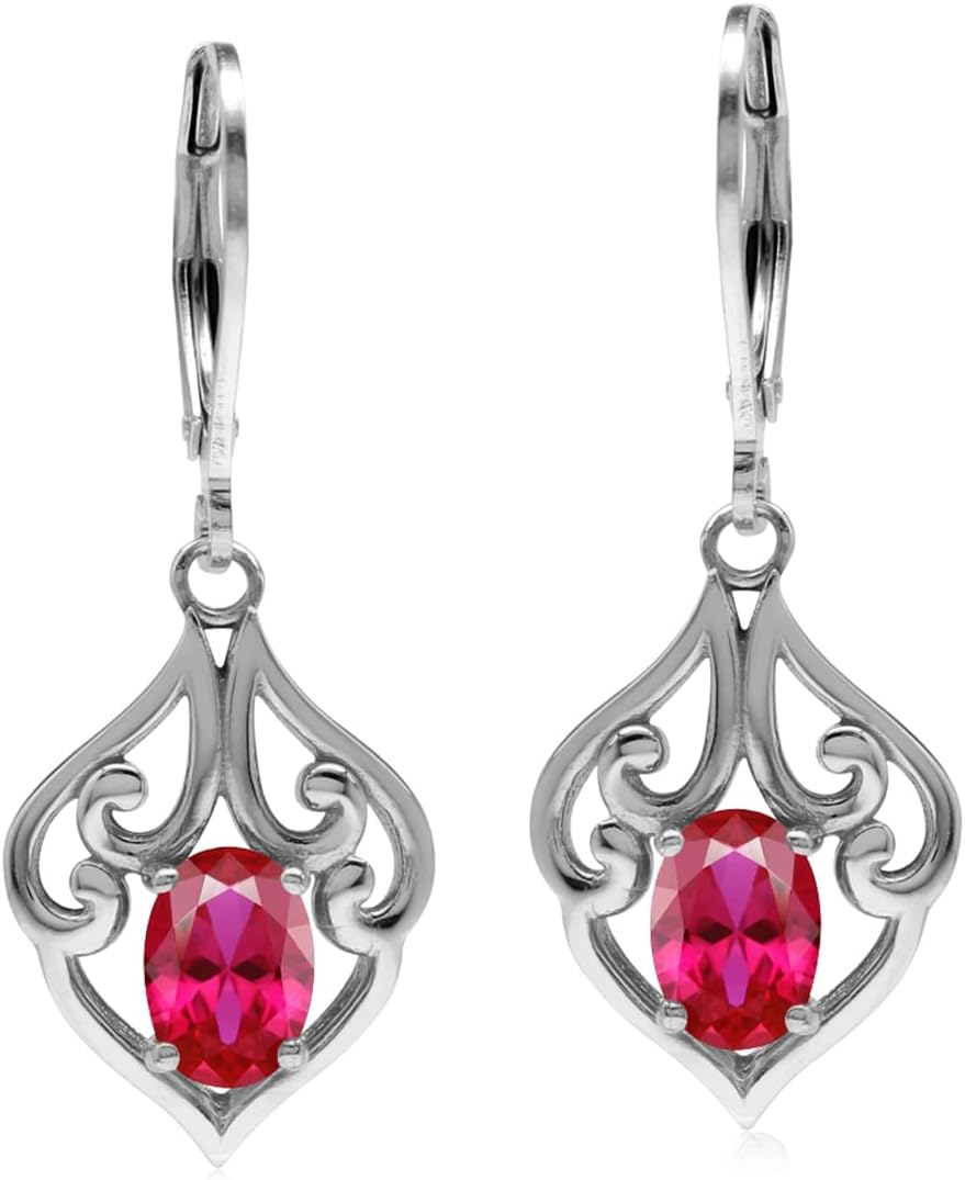 Silvershake 7X5mm Oval Shape Birthstone Gemstone White Gold Plated or Yellow Gold Plated 925 Sterling Silver Victorian Style Drop Dangle Leverback Earrings Jewelry for Women