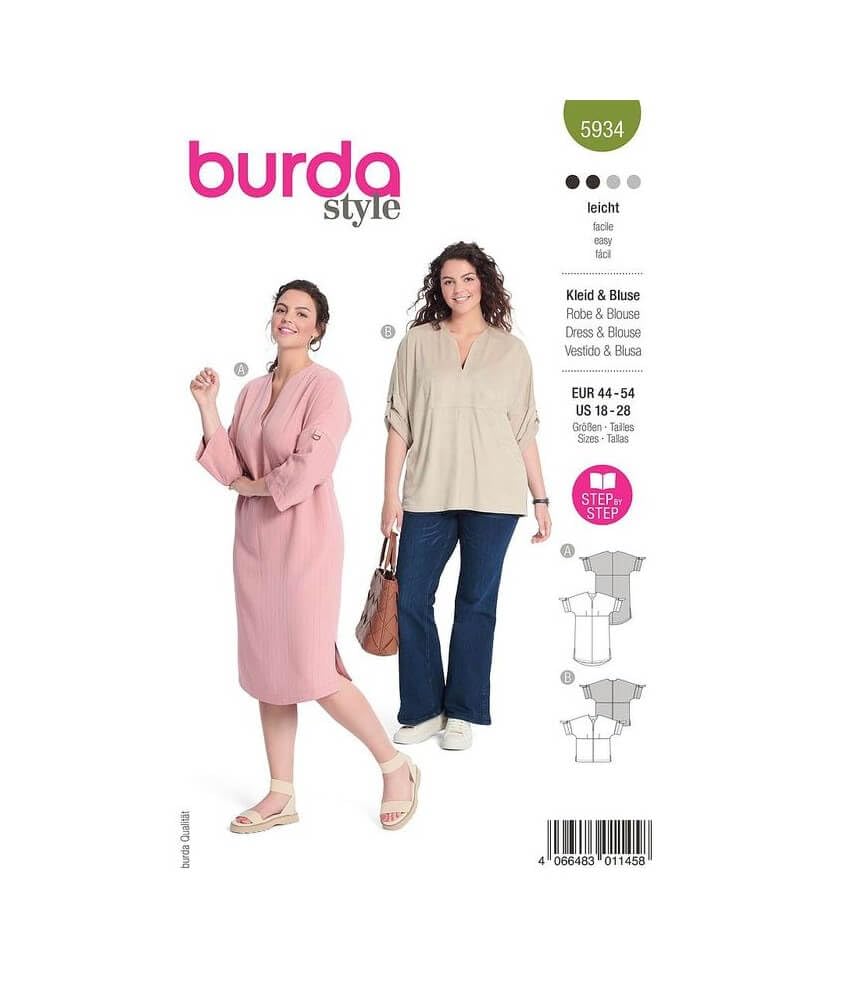 Burda Schnittmuster Kleid und Bluse Damen, Gr. 44-54 Level 2 leicht