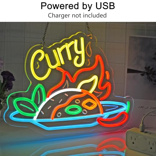 Image of Curry Neon Sign, Neon Lights Hanging Wall Art Decoration for Restaturant Shop Store Bar Market Party Celebration Home Decor, USB Powered Ultra Bright Dimmable,16.14x11.42inches