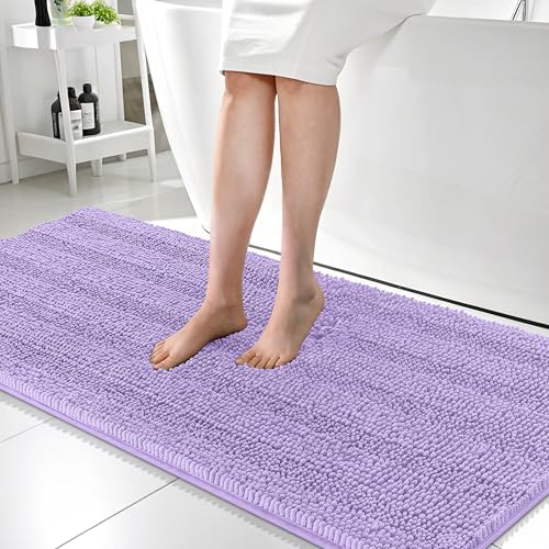 Image of OLANLY Thick Bathroom Runner Rugs 59x24, Absorbent Chenille Striped Bath Rugs, Rubber Backing, Machine Wash, Extra Long Bath Mats for Bathroom Floor, Tub and Shower, Home Decor Accessories, Lavender