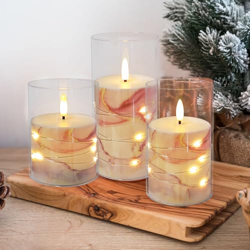 Image of Flickering Flameless Candles Pink Marble Embedded Star String Lights, Battery Operated Acrylic LED Pillar Candles with 11-Key Remote and Timer for Home Decoration, 3 Pack
