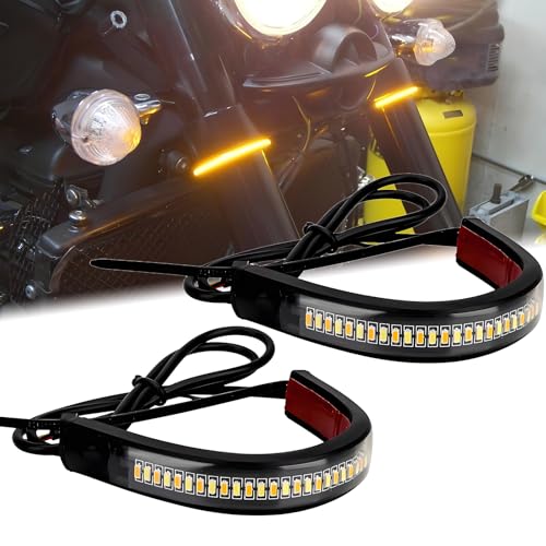 DREAMIZER 2PCS Feu Clignotant LED pour Fourche de Moto Bande Lumineuse Flexible Blanc & Ambre Clignotant DRL Étanche Universel Compatible avec Harley Honda...