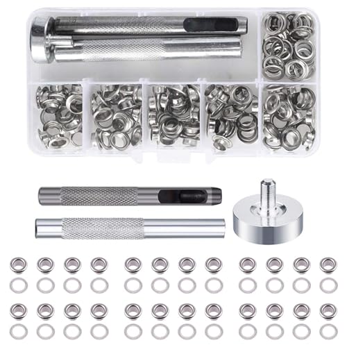 Occhiello Strumento Kit,100 Pezzi Occhielli Grommet Rondelle,Occhielli per Teloni,4mm Occhielli Metallici,con 3 Attrezzi e Scatola di Stoccaggio,Occhielli in Metallo,per Scarpe,Borse,Cintura