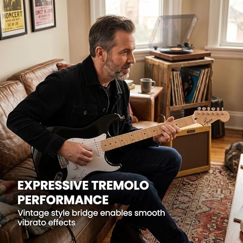 Image of Fender Squier Sonic Stratocaster - Black Bundle with Mustang Micro Headphone Amp, Cable, Tuner, Strap, Picks, and Austin Bazaar Instructional DVD