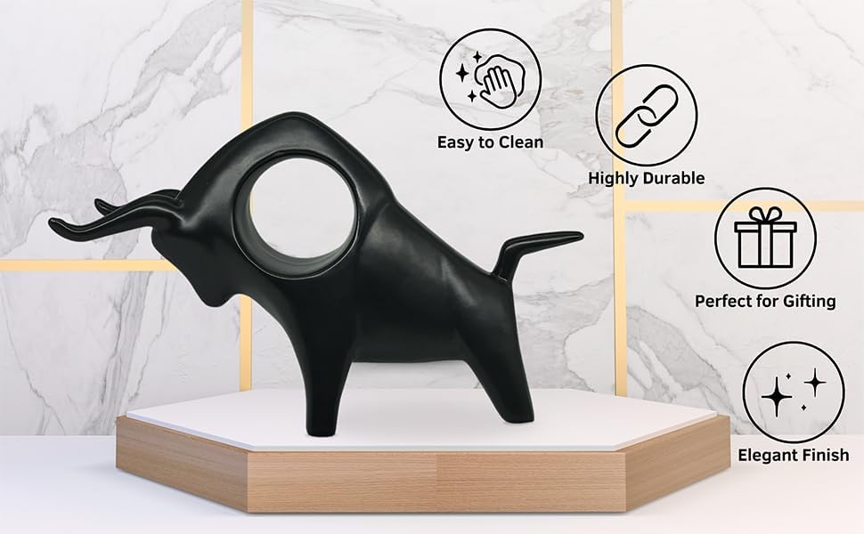 Image of NOSCOMP Home Decor Black Bull Statue Ceramic Figures Showpieces for Home Decor - (Black)