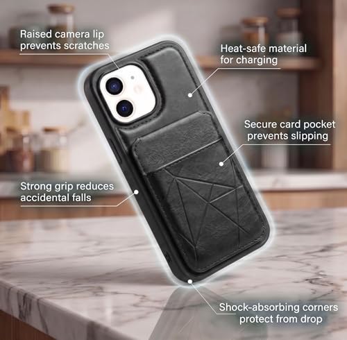 Image of amazon basics Premium Vegan Leather Back Cover with Card Holder and Integrated Mobile Stand for iPhone 12 Pro - Slim Shockproof Wallet Case with Geometric Stitching [Black]