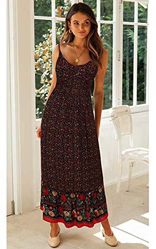 Image of Angashion Women's Dresses Floral Adjustable Spaghetti Strap V Neck Boho Long Maxi Dress Summer Beach Flowy Ethnic Sundress