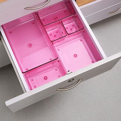 Image of Kuber Industries Acrylic Set of 25 Transparent Cosmetic Organizer Tray | Drawers Organisers for Kitchen, Office and Bathroom Vanity Makeup | Stationery Storage Drawer Divider Tray | Pink