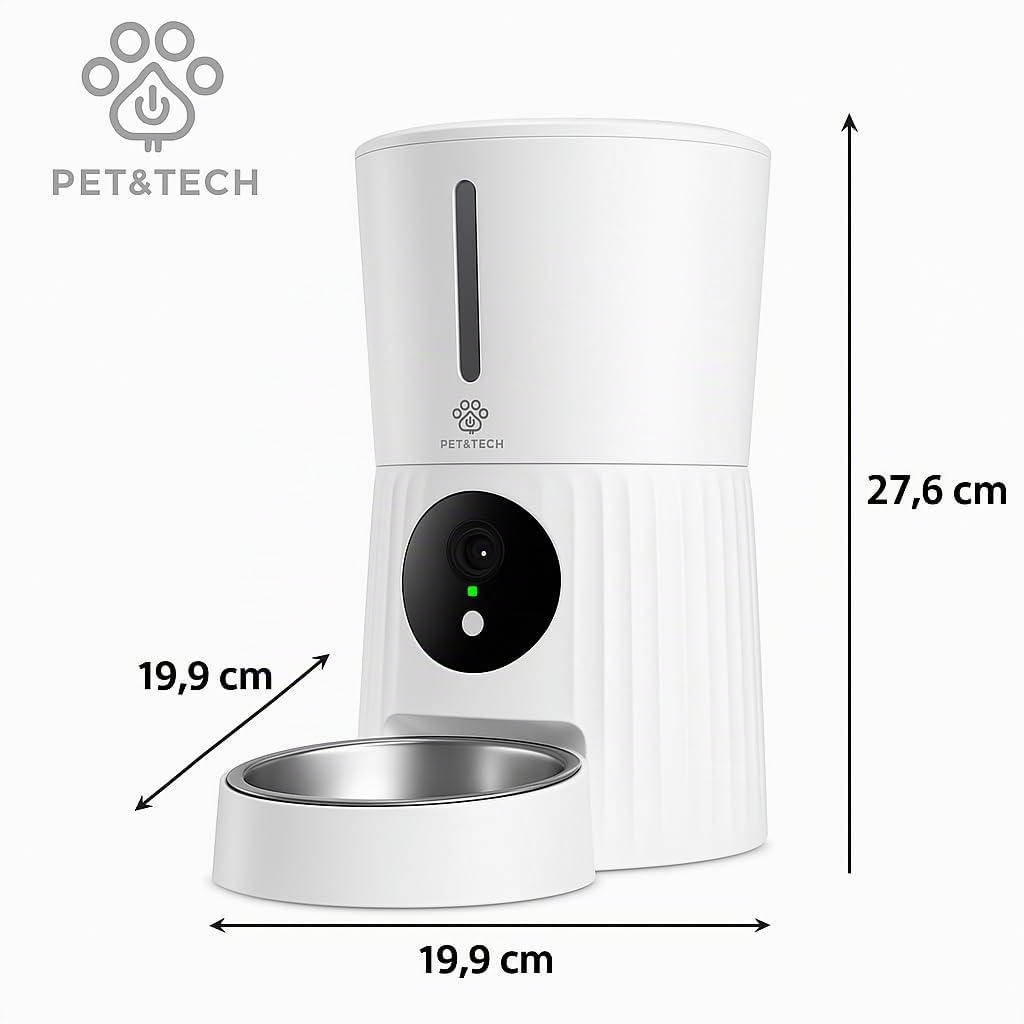 PET&TECH Distributore automatico cibo gatti e cani – 3 L (o tu capienza), telecamera HD 1080 P, app Wi‑Fi, registrazione vocale, doppia alimentazione, inox 304