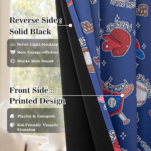 Image of MYSKY HOME Navy Blue Blackout Curtains 84 Inch Long 95% Light Blocking Thermal Insulated Grommet Window Curtains with Baseball-Related Patterns for Boys Kids Nursery Bedroom Playroom, W52, 2 Panels
