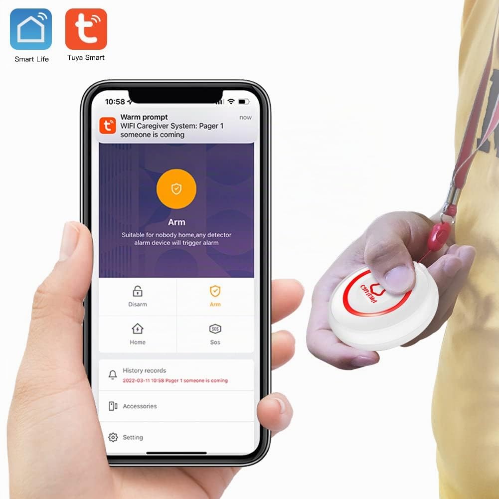 SINGCALL Tuya Wifi System di chiamata d'allarme, Sistema di allarme | antipanico a lungo raggio per anziani/pazienti/disabili, 1 ricevitore+2 Pulsanti di chiamata