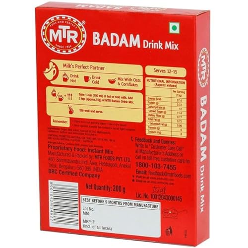Image of MTR Badam Drink Mix 200g Pack | Multipurpose Drink Mix with Badam & Cardamom | Makes Badam Drink, Badam Kulfi and Badam Sweets | Drink or Eat