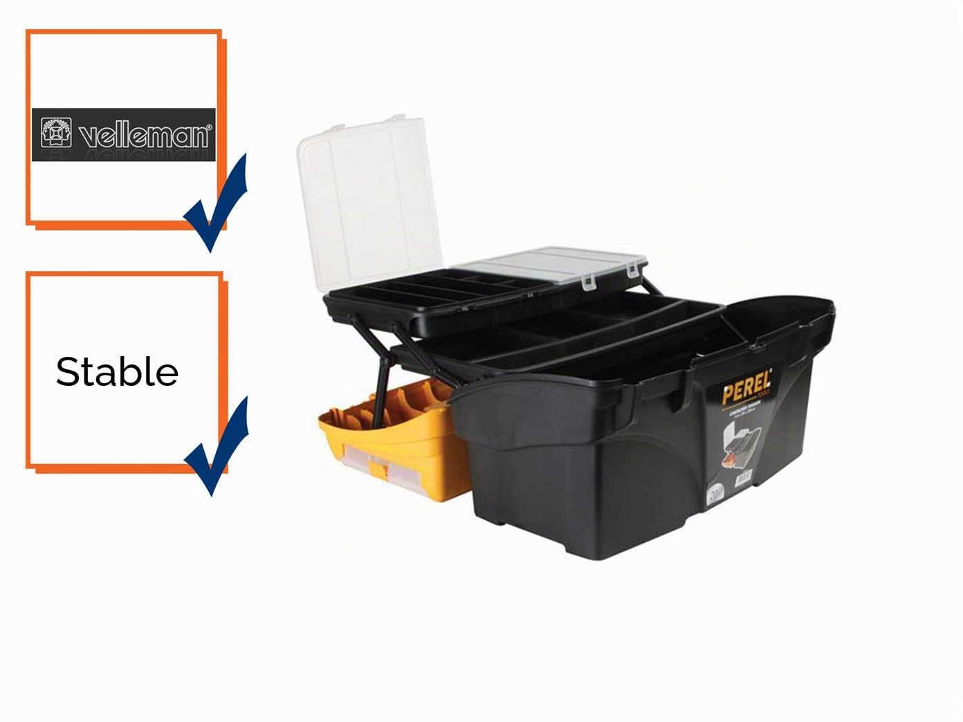 Perel Boîte à outils, polypropylène, avec système cantilever, 1 organiseur dans le couvercle et 2 plateaux porte-outils dans le couvercle, poignée rabattable et prises latérales, fermetures en