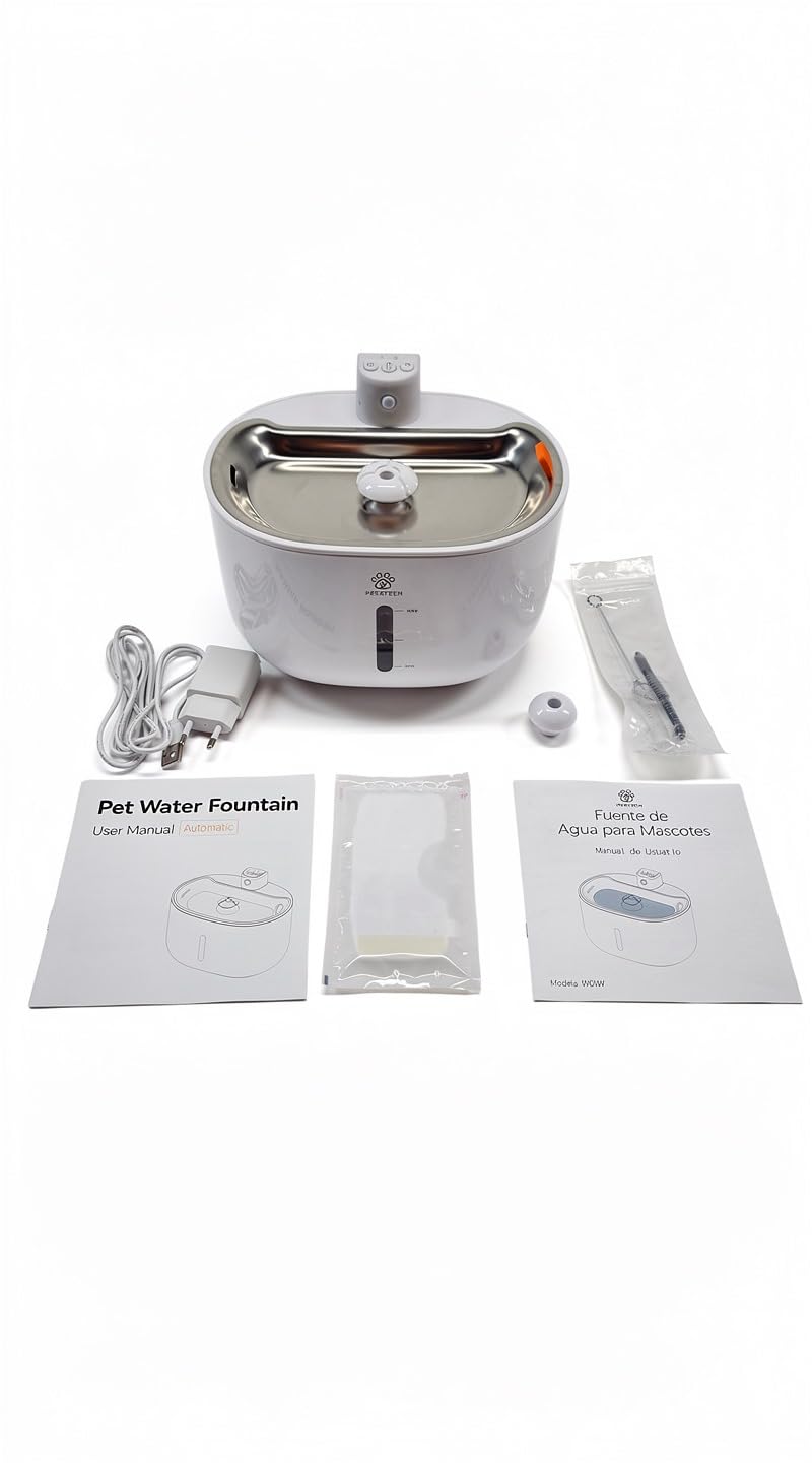 PET&TECH Fontana d’acqua per gatti e cani – 3 L, sensore di movimento, batteria ricaricabile 3600 mAh, silenziosa 25–30 dB, 4 modalità, ciotola in acciaio inox
