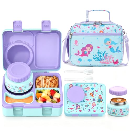 Image of Bento Box for Kids, Leakproof Kids Lunch Box with 8.5OZ Thermo Food Jar & Lunch Bag, 3-4 Compartments Toddler Insulated Lunch Box for Girls, BPA Free Lunch Containers for School Daycare