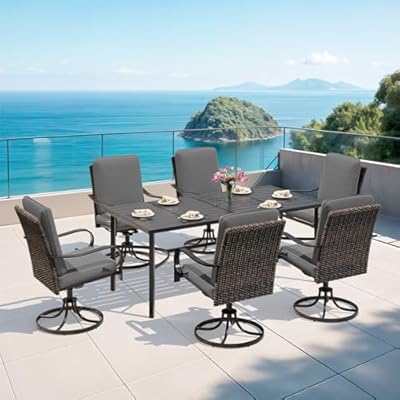 MELLCOM 5 Pcs Outdoor Dining Set, 4 Swivel Rattan Chairs with Cushions & 42'' Round Metal Dining Table with Umbrella Hole, Patio Furniture Set for Porch (7PC - 67''x38'' Rectangular, Grey)