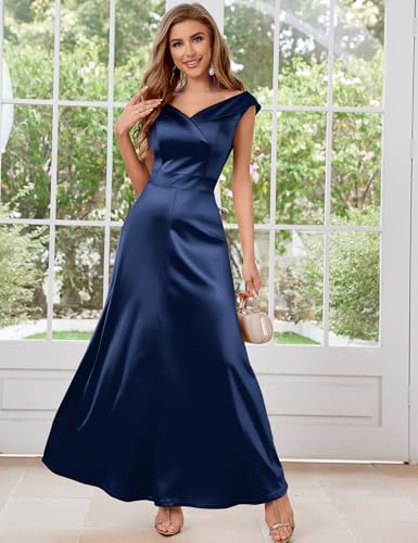Women's Vintage 1950s V Neck Satin Cocktail Bridesmaid Floor Length Dress4