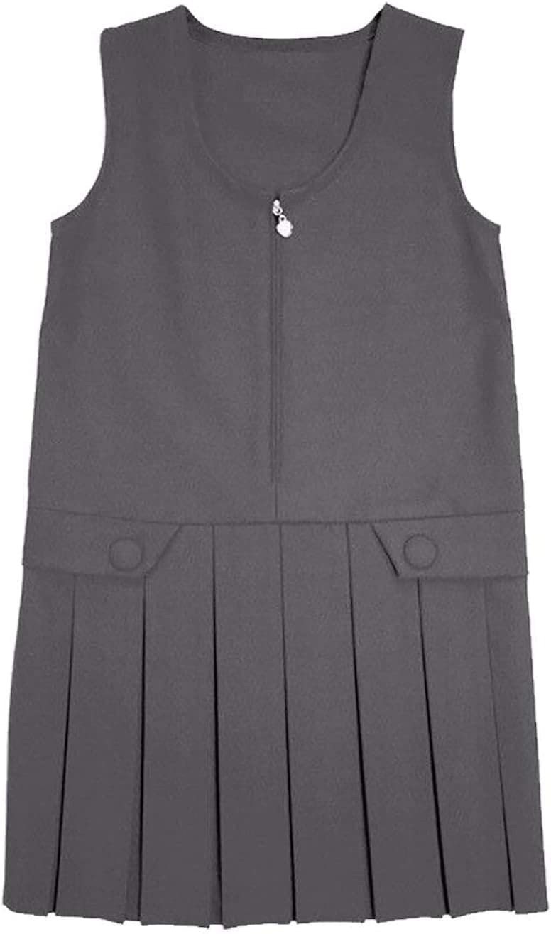 StyleWear Girls Pinafore Round Neck Box Pleated Dress Kids Front Heart Zip Sleeveless School Uniform Grey