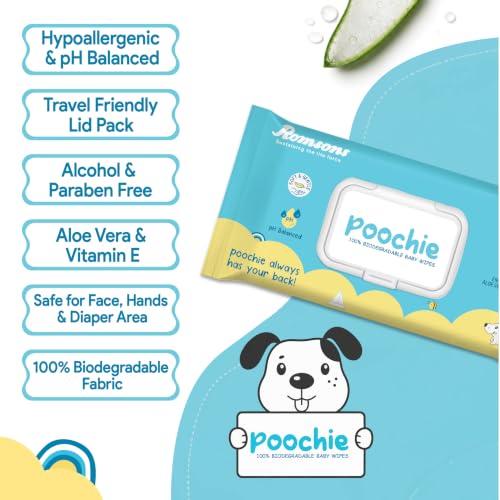 Image of Dignity Poochie 100% Biodegradable Baby Wipes Enriched with Aloe Vera and Vitamin E, 150 x 200 mm (Pack of 1) 80 Wipes