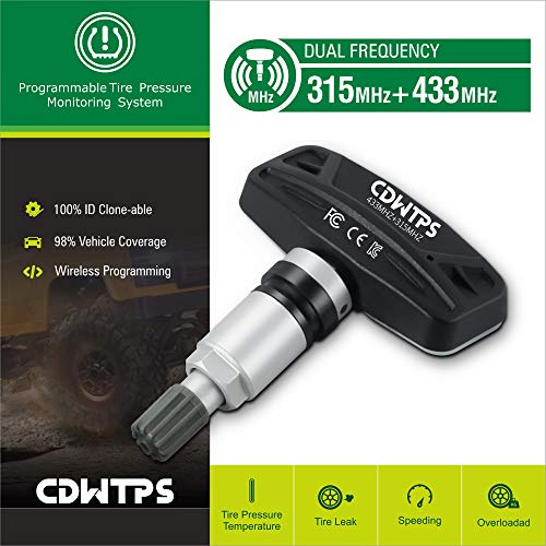 CDWTPS Tire Pressure Sensor, (315MHz + 433MHz) Dual Frequency Programmable TPMS Sensor,100% Clone-able -OE Level Tire Pressure Monitoring System Sensor for All car(Metal Valves,Pack of 4 TPMS)