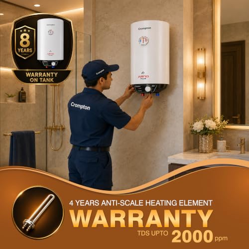 Image of Crompton Arno Plus 15L 5‑Star Storage Water Heater | Anti‑Scale Technology for Hard Water up to 2000 ppm | 8 Bar High‑Rise Pressure | 5‑Level Safety | Free Installation & Pipes | 8 Year Tank warranty