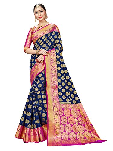 STYLE INSTANT Sari Banarasi Art tissé en soie | Cadeau indien traditionnel de mariage avec chemisier non cousu, bleu marine, taille unique, UKK-2259 Cover