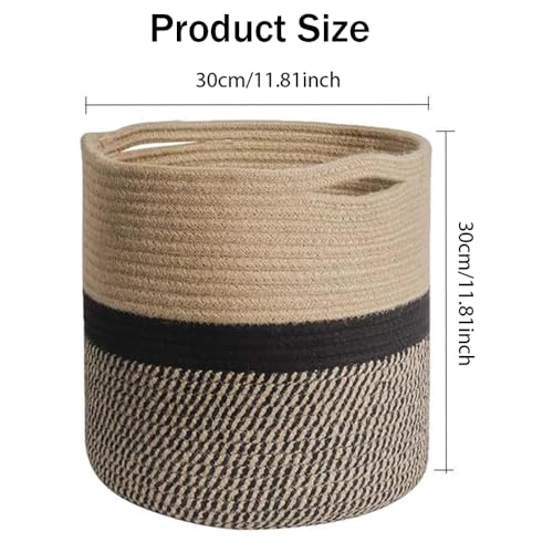 Accmuzzy 30cm Plant Pots Indoor,Cotton Rope Woven Basket House Planter Indoor Plant Pot Floor Standing Large Flower Pots Indoor,Foldable Laundry Storage Basket Home Decoration (Yellow&White)