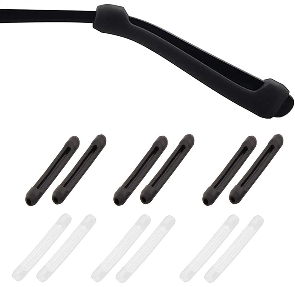 Premium Ultra Soft Non-Slip Silicone Eyeglass Temple Tips - 6 Pairs Ear Grips Sleeve Retainer Black and Transparent