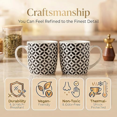 Image of UPC Coffee Mug Set of 6 | Black & White Geometric Tile Print | Circle Floral Lattice Pattern | Bone China Tea & Coffee Cups | Microwave Safe | Home & Kitchen