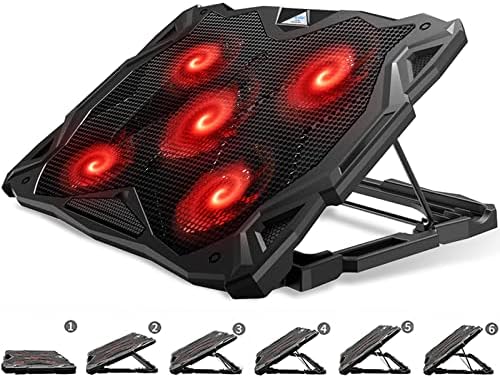 Pccooler Laptop Cooling Pad, Laptop Cooler with 5 Quiet Red LED Fans for 12-17.3 Inch Laptop, Dual USB 2.0 Ports, Portable 6 Angle Adjustable Laptop Stand for Gaming Laptop (PC-R5)